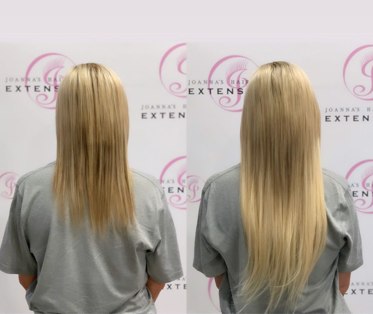 a before and after photo of a woman 's hair extensions