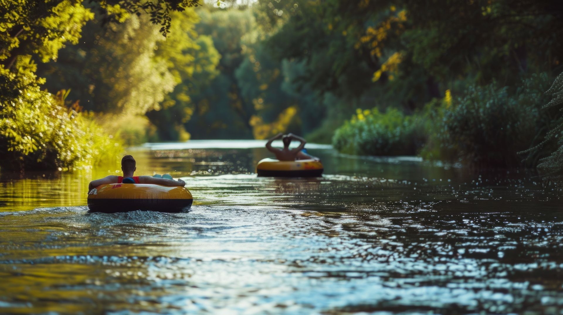 Two people tubing on a calm river surrounded by lush green trees in warm sunlight