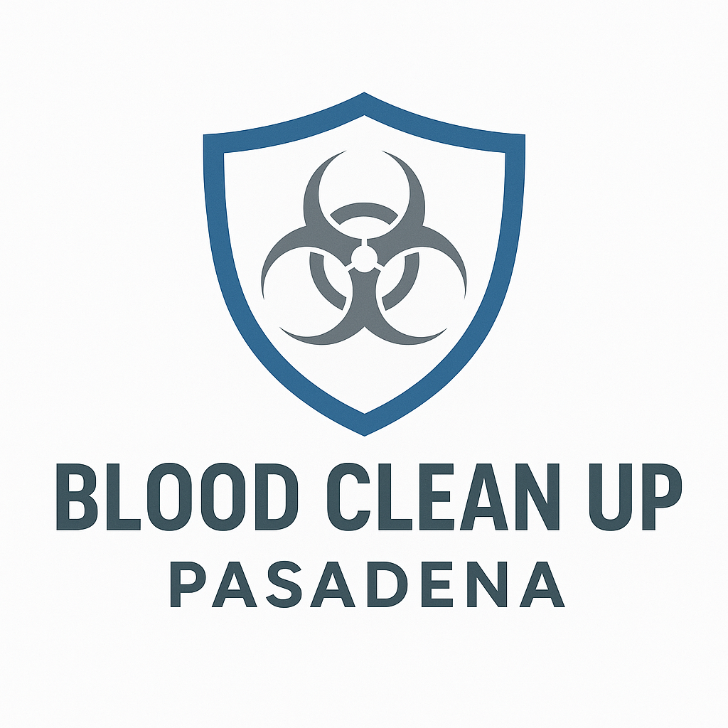 Logo for Blood Clean Up , featuring a blue shield with a biohazard symbol inside.