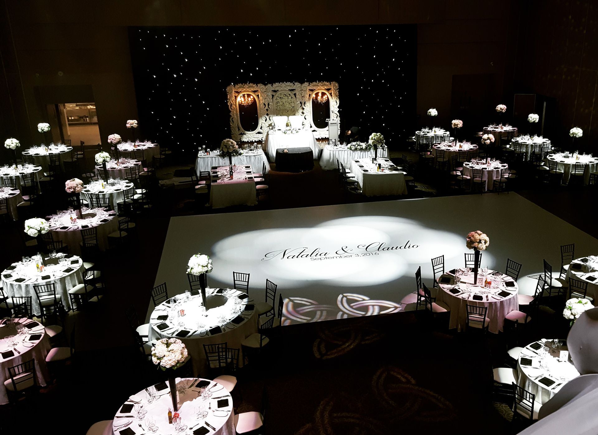 A large room with tables and chairs and a dance floor