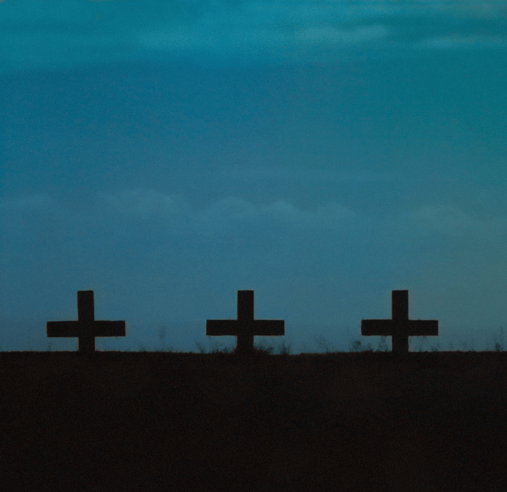 Headstones on a teal sky