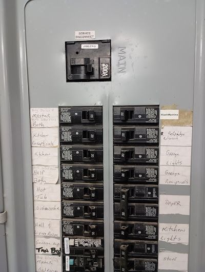 Electrical panel with main breaker at the top, circuit breakers below, and labels next to each.