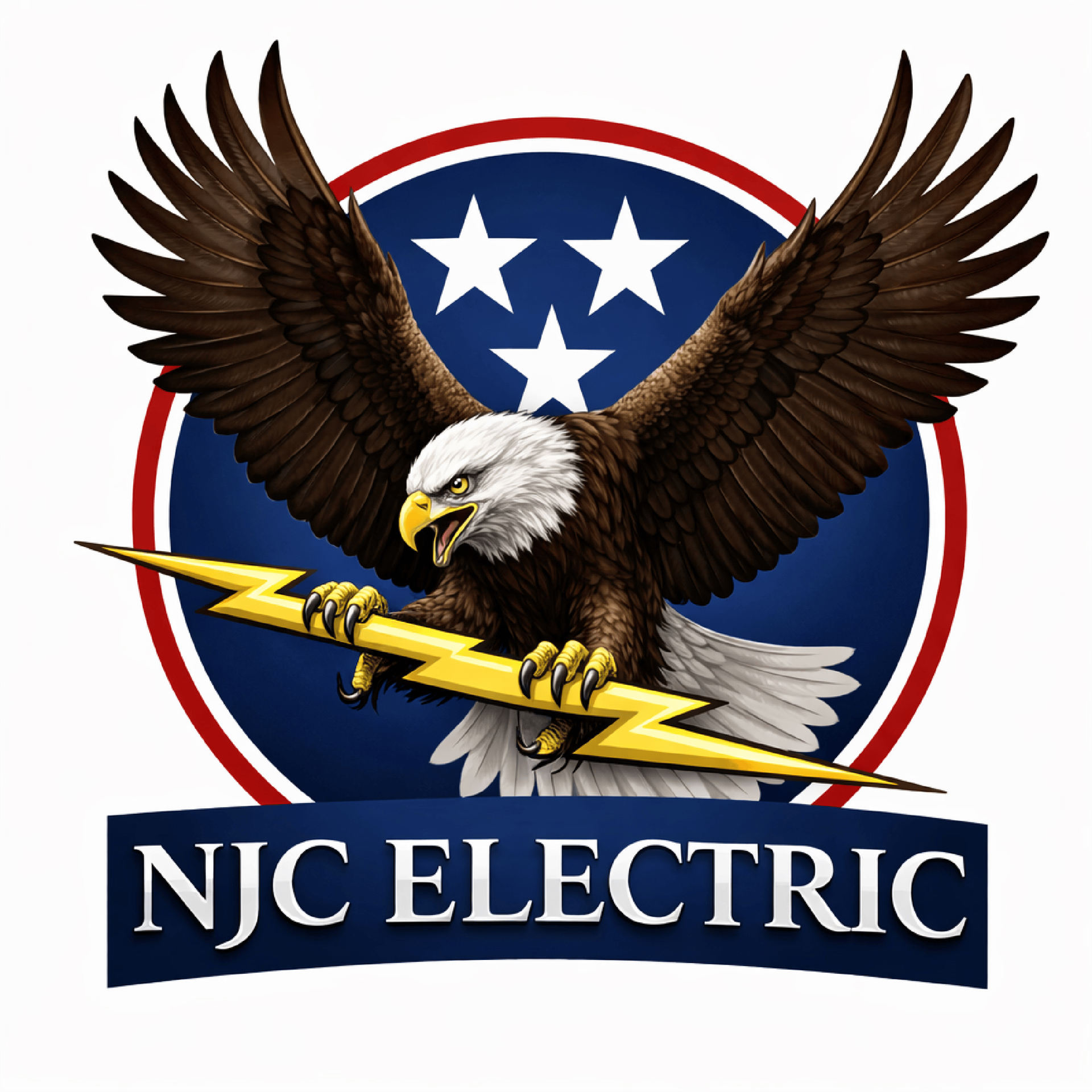 American bald eagle in flight over a red, white, and blue emblem.