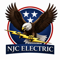 American bald eagle in flight over a red, white, and blue emblem.