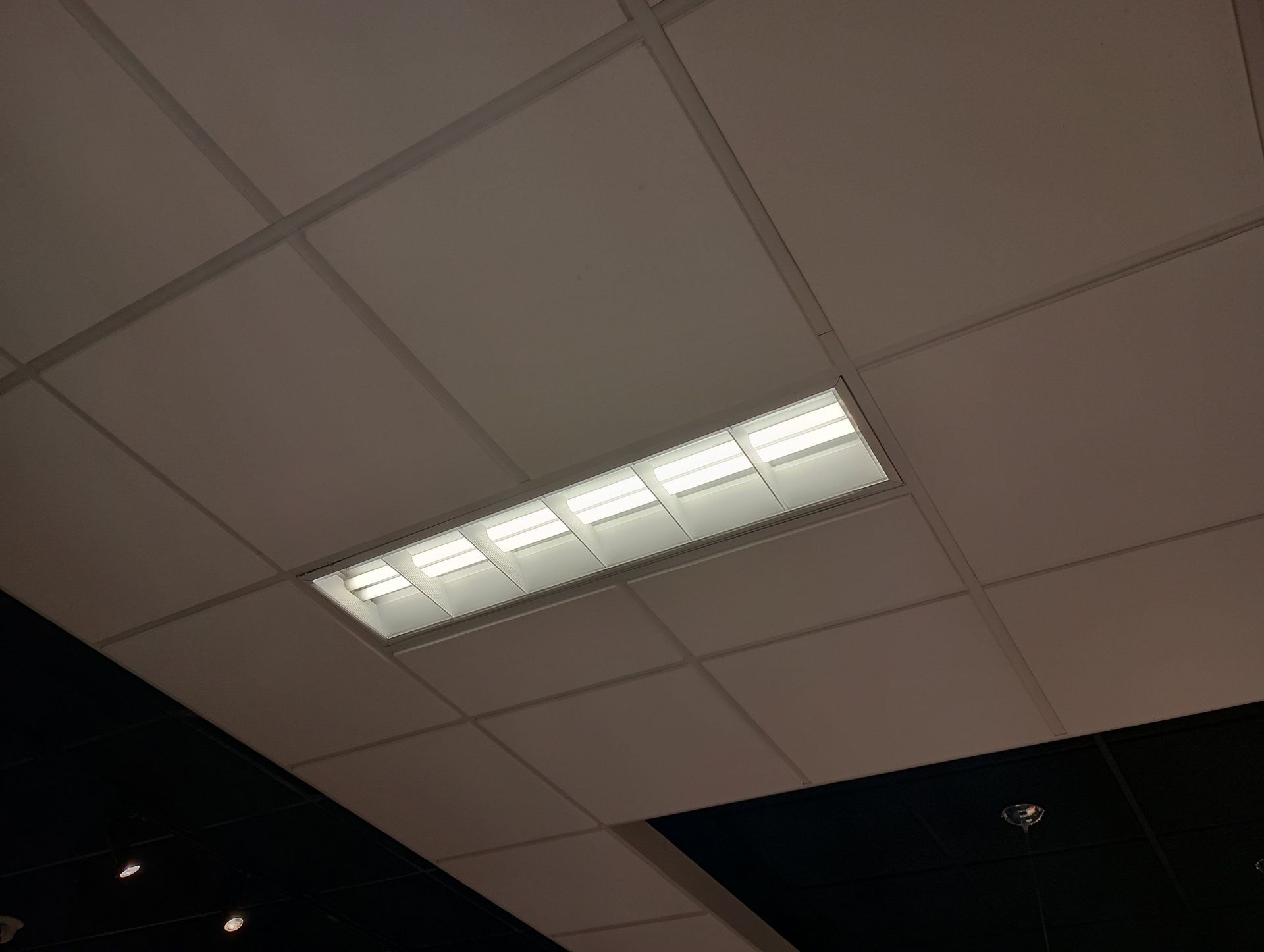 White ceiling with recessed fluorescent lights. Dark background.