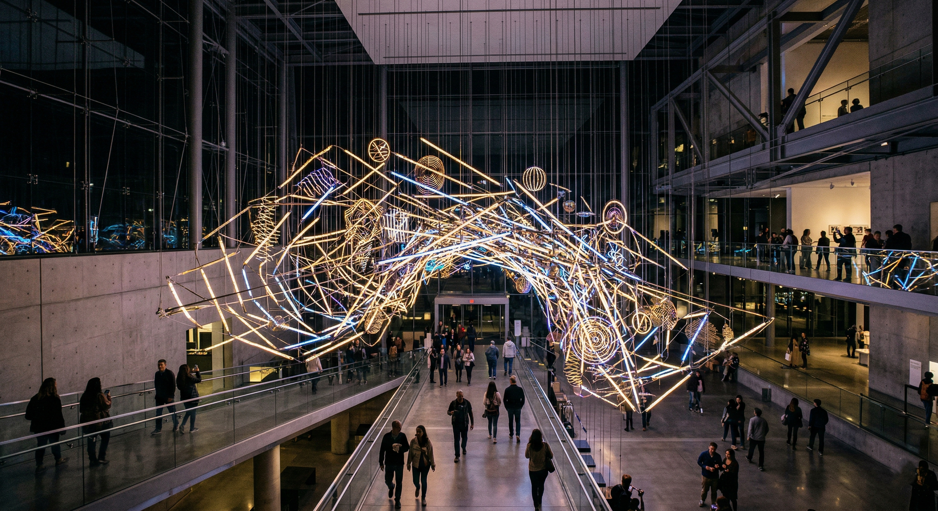 People walk through a dark, modern museum atrium beneath a large, intricate, glowing light sculpture suspended overhead.