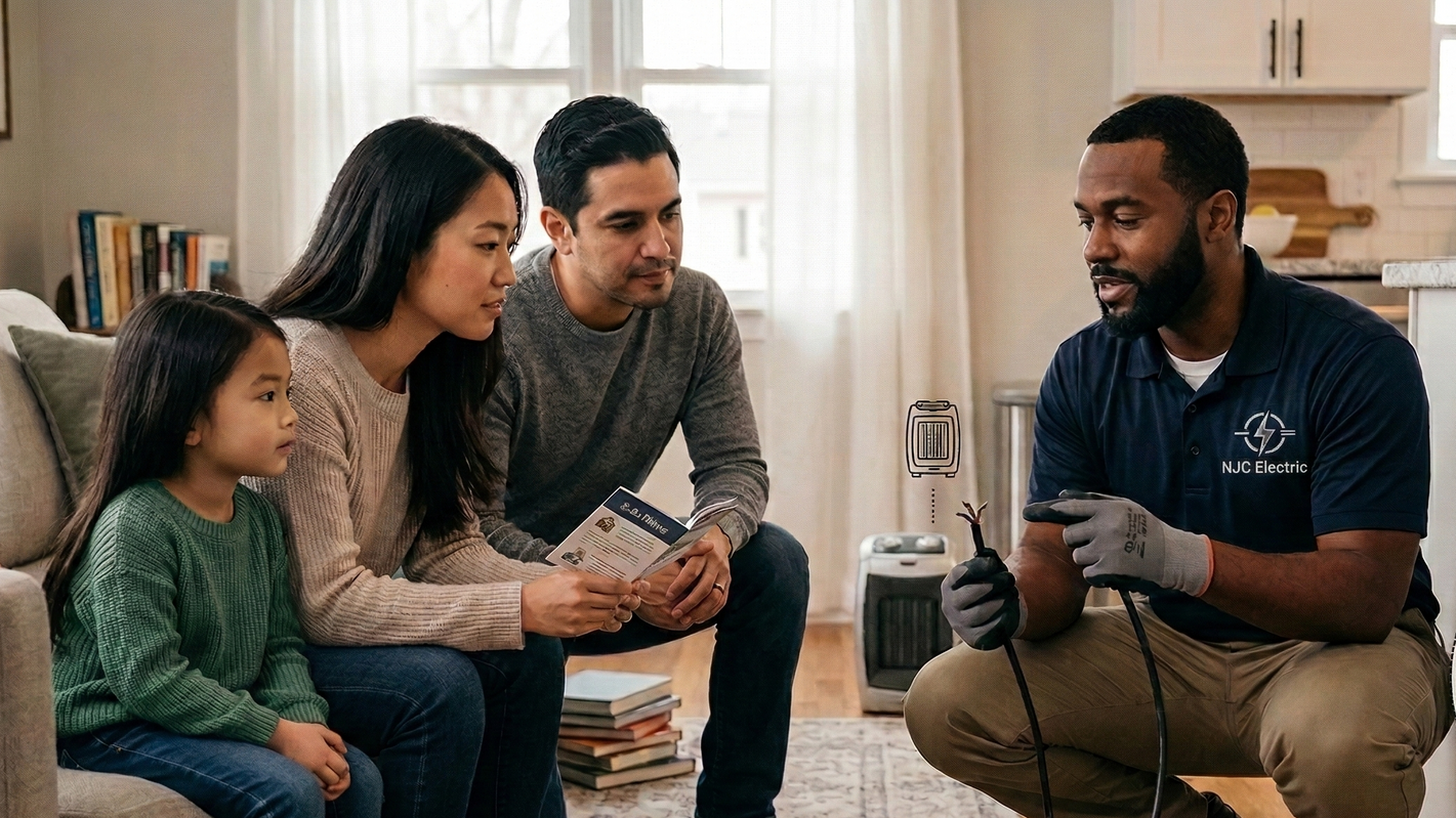 A licensed electrician kneels in a living room explaining electrical safety to a family of three whi