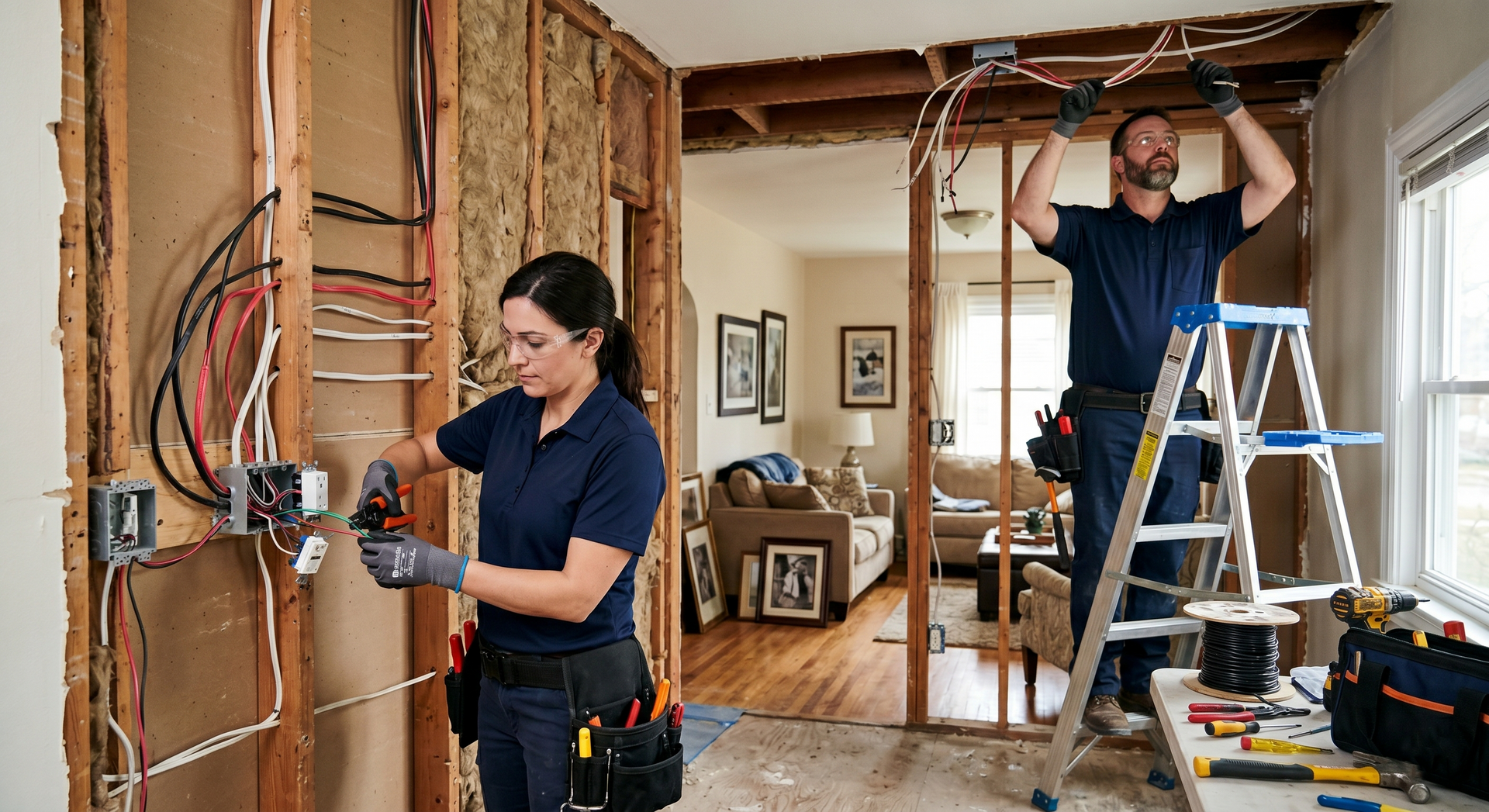 Two workers wiring a house interior, one on a ladder and one at a wall opening.