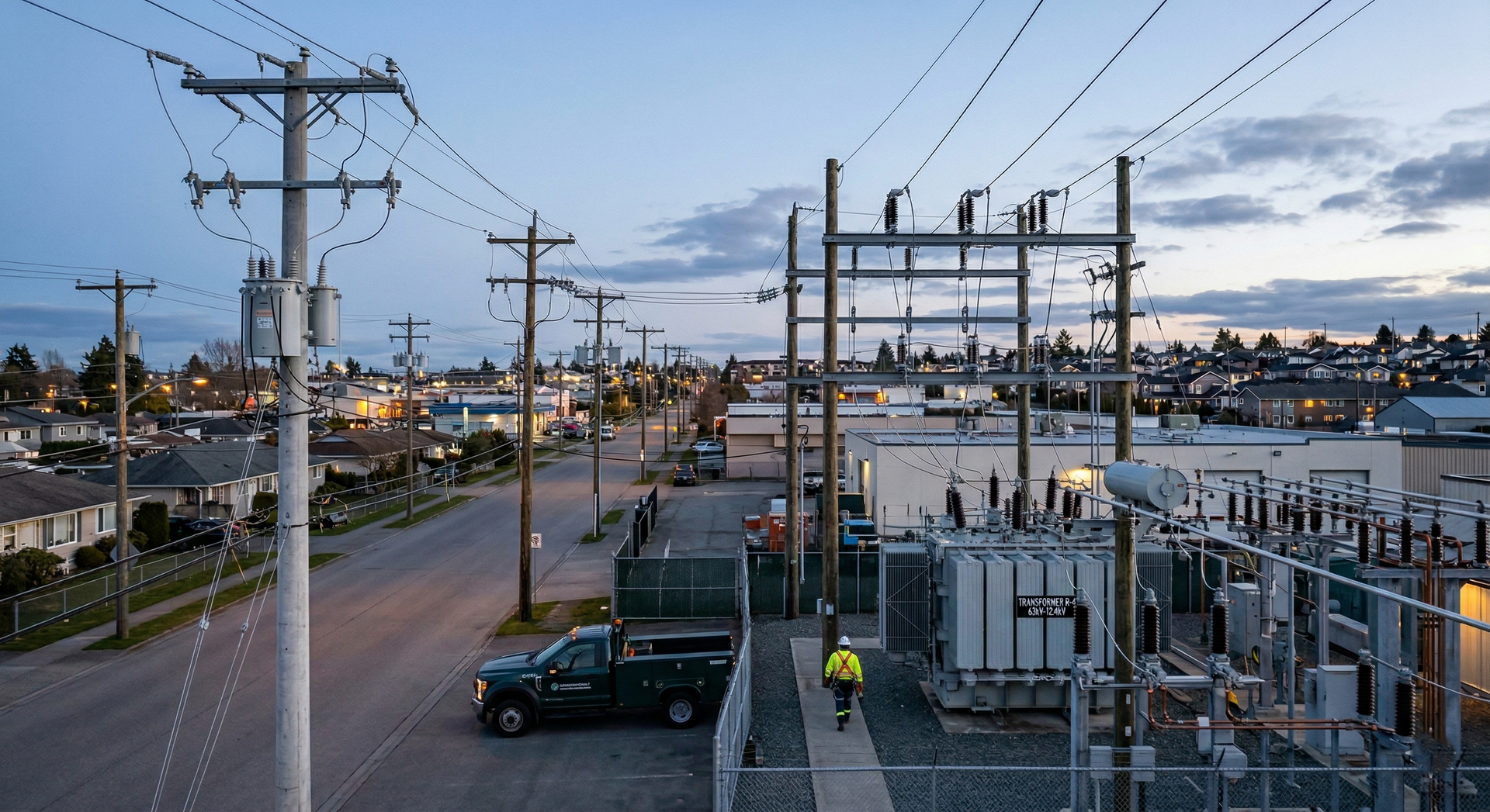 Utility poles line a street near an electrical substation at dusk, with a worker in high-visibility gear walking nearby.