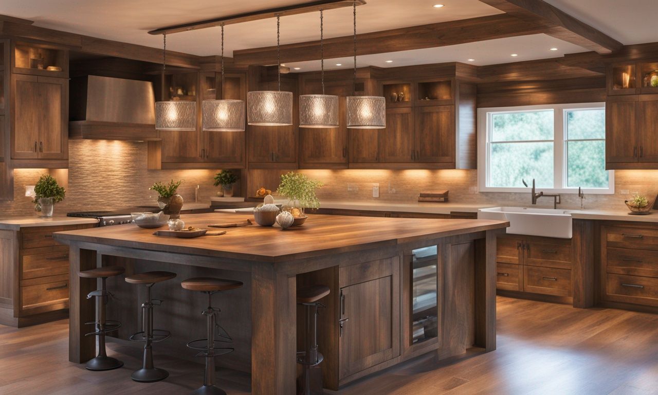 Rustic kitchen with dark wood cabinets, island, pendant lights, and window.