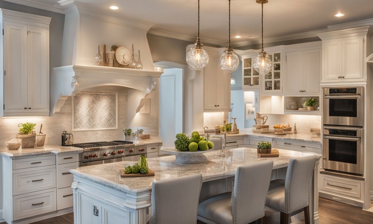 Elegant white kitchen with island, pendant lights, and stainless steel appliances.
