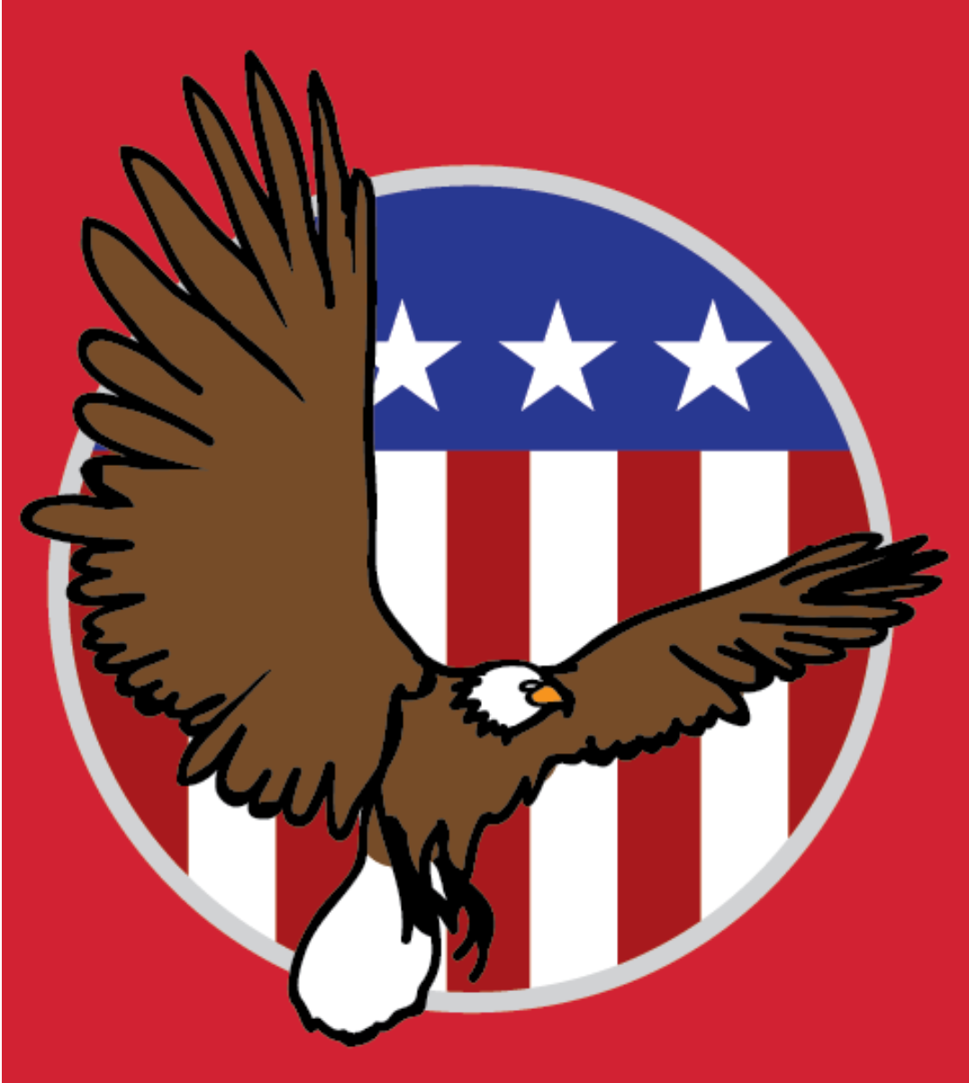 Bald eagle flying in front of an American flag design within a red circle.