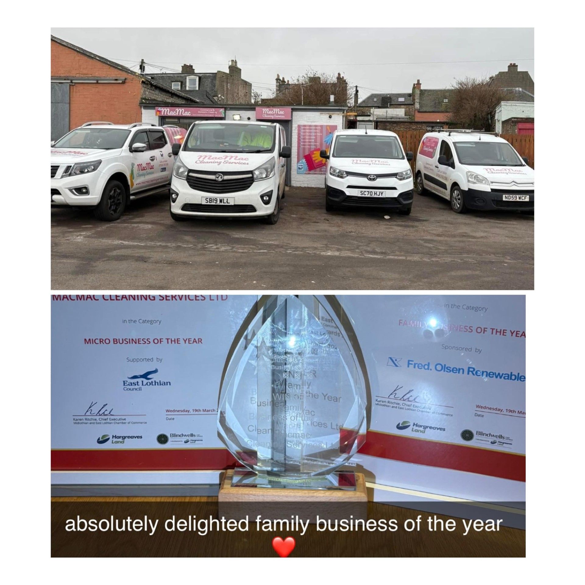 New office and yard space at Port Seton Harbour, and our winner's trophy and certificate for winning Midlothian & East Lothian Chamber of Commerce  family business of the year 2025