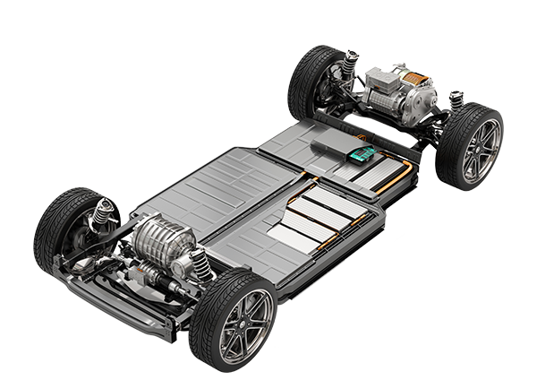 The underside of an electric car with a battery and motor.