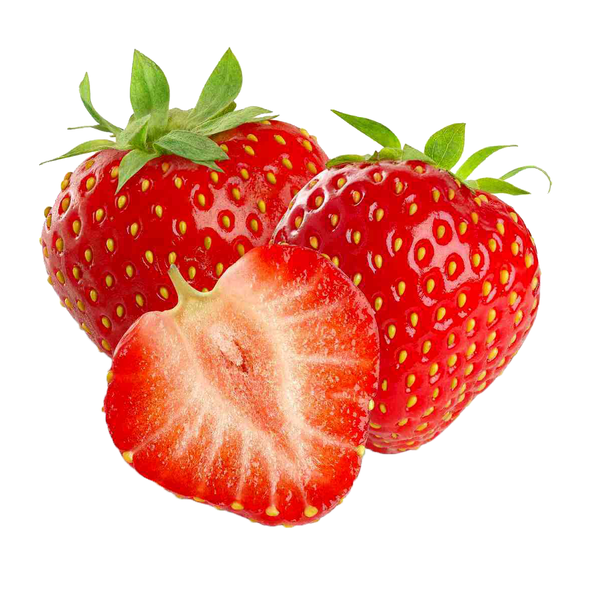 Three strawberries with one cut in half on a white background