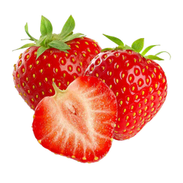 Three strawberries with one cut in half on a white background