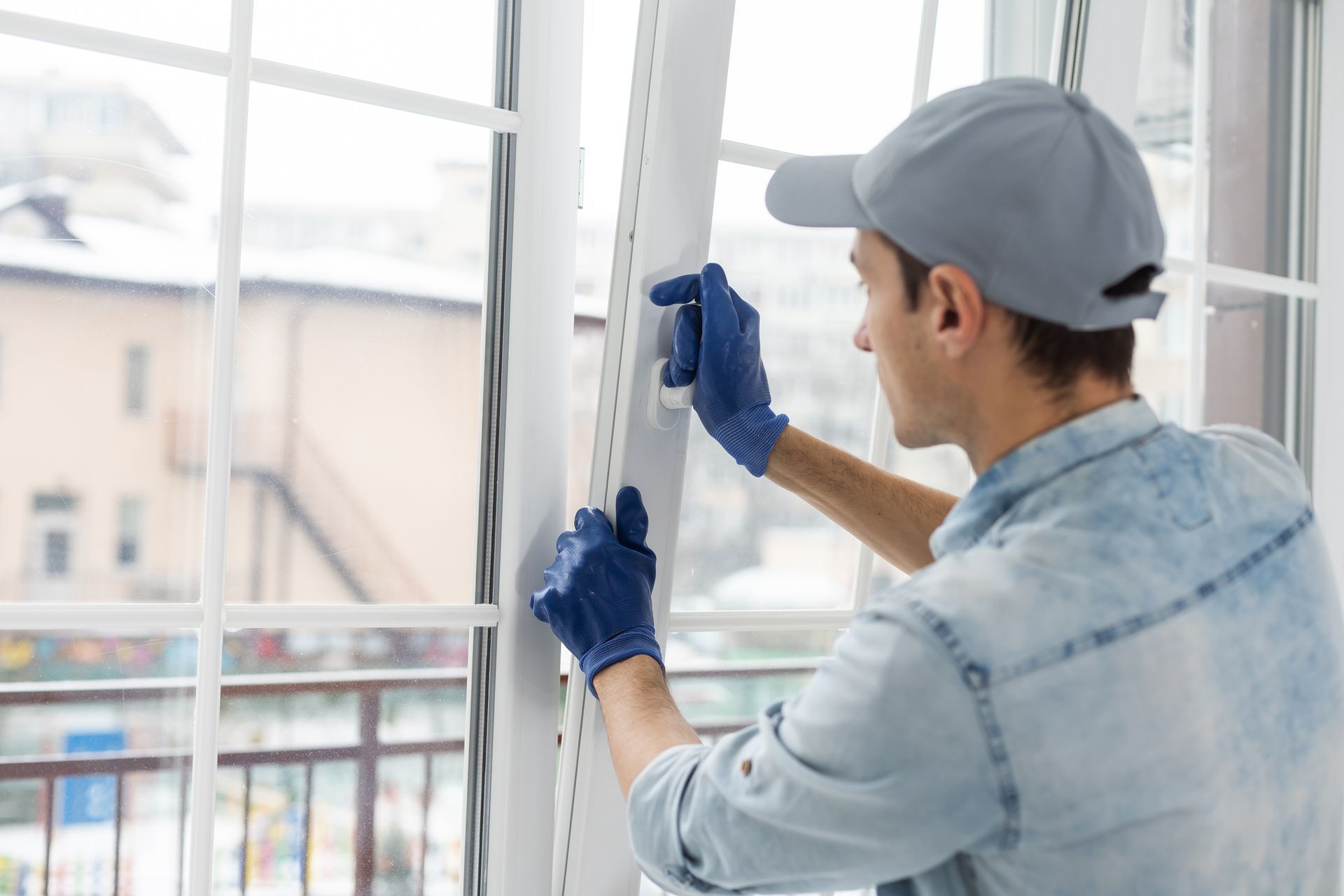 A worker is installing and checking a window.