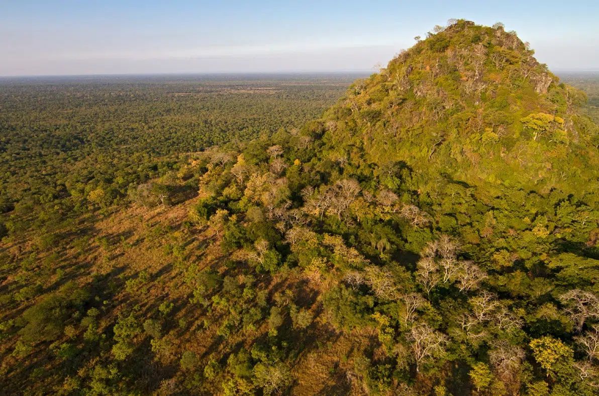 Aerial view of a green, rocky hill rising above a vast forest at sunset