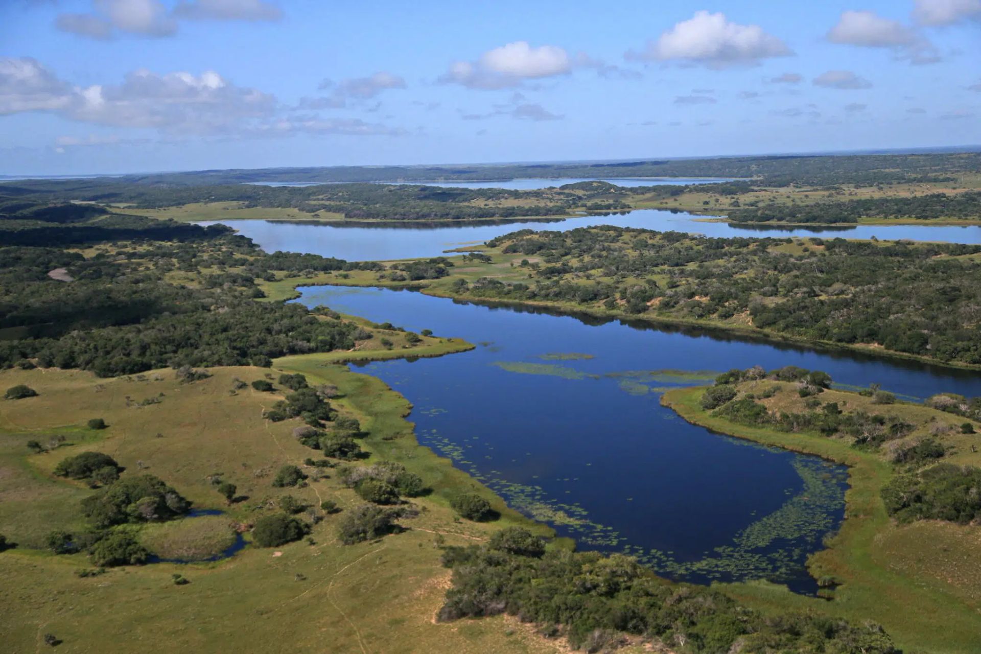 Aerial view of a winding blue river through green wetlands under a partly cloudy sky