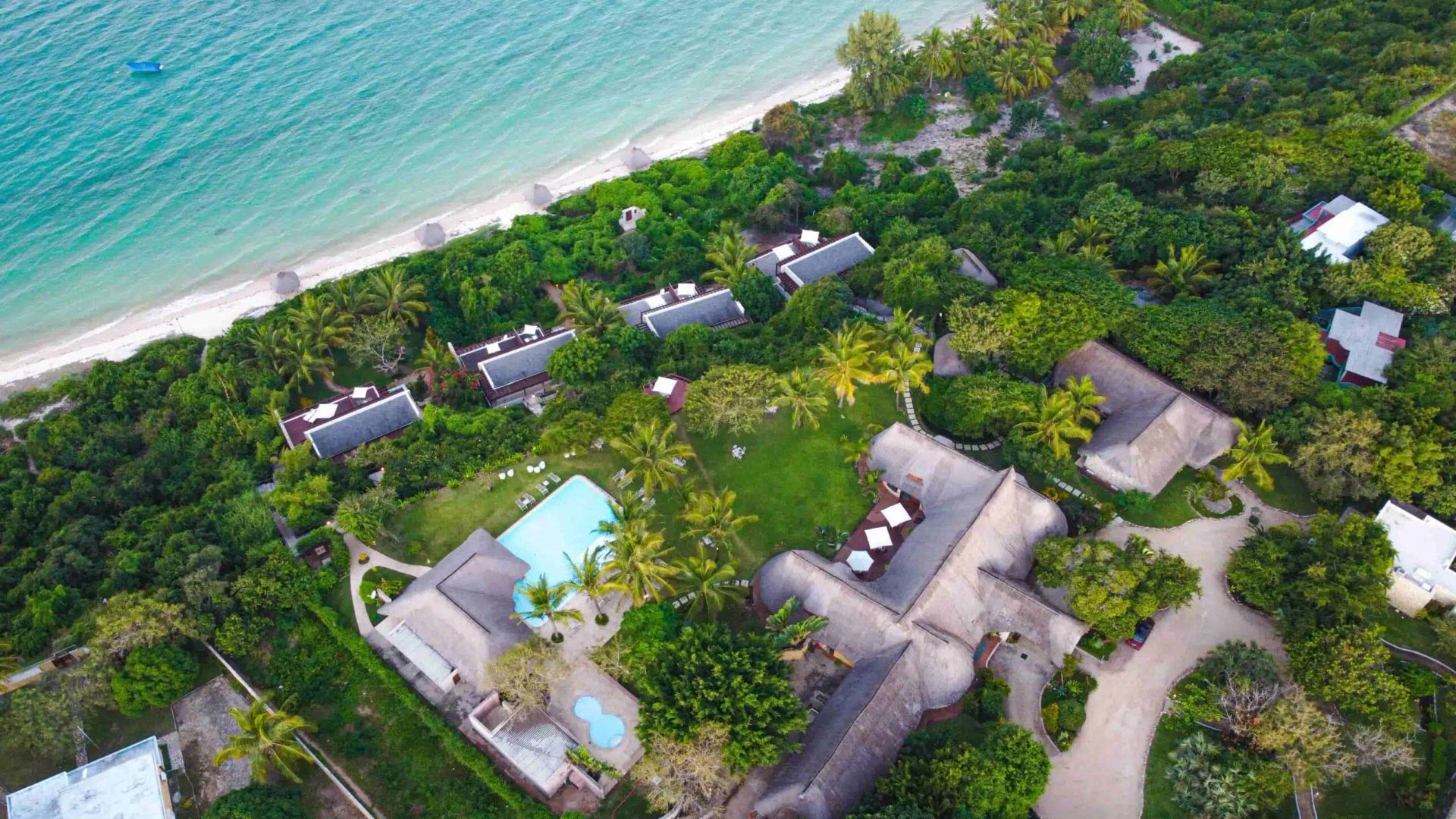 An aerial view of the luxury accommodation of Bahia Mar lodge in Mozambique.