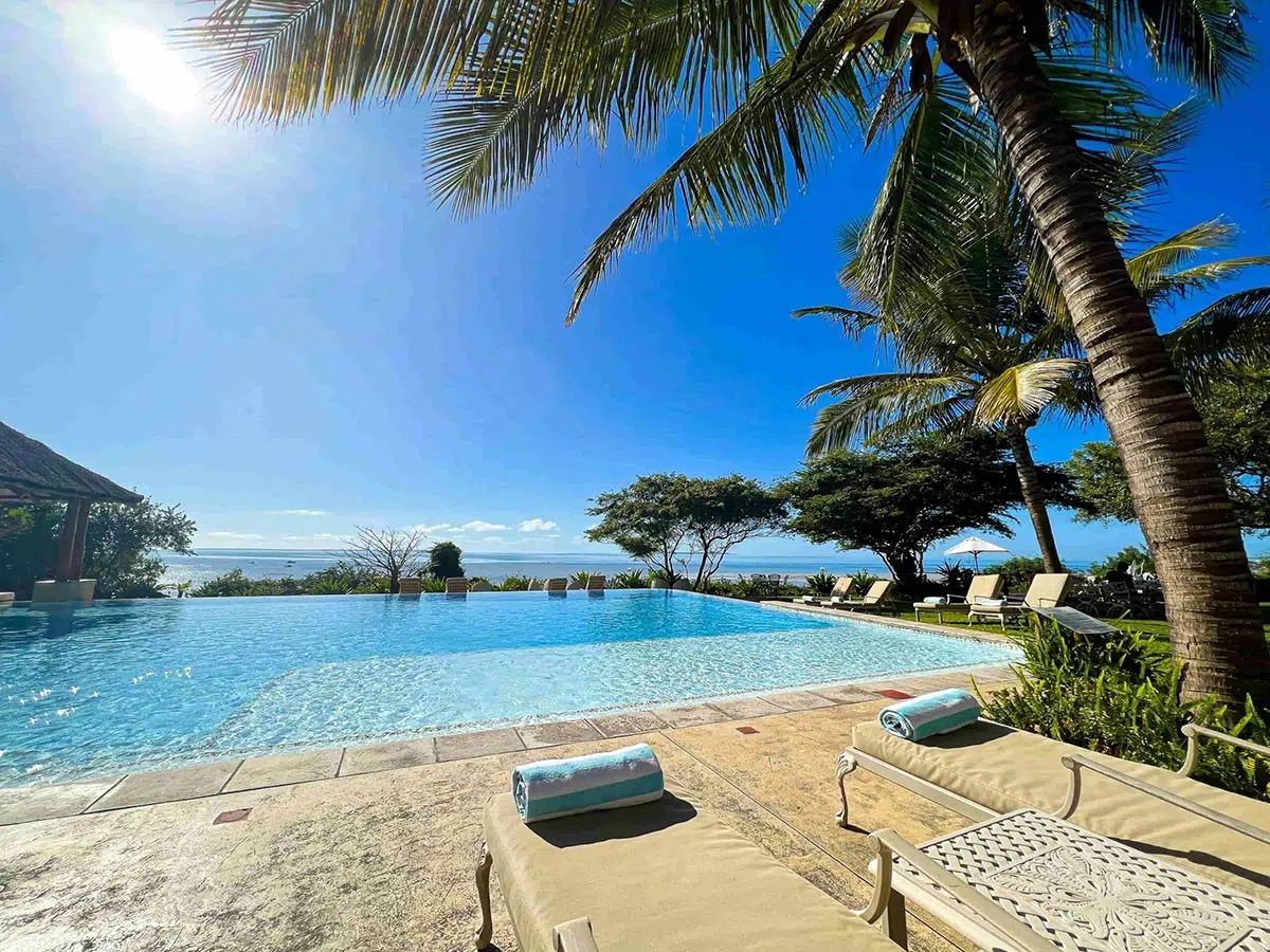 Sunny tropical resort pool with palm trees, lounge chairs, and ocean view