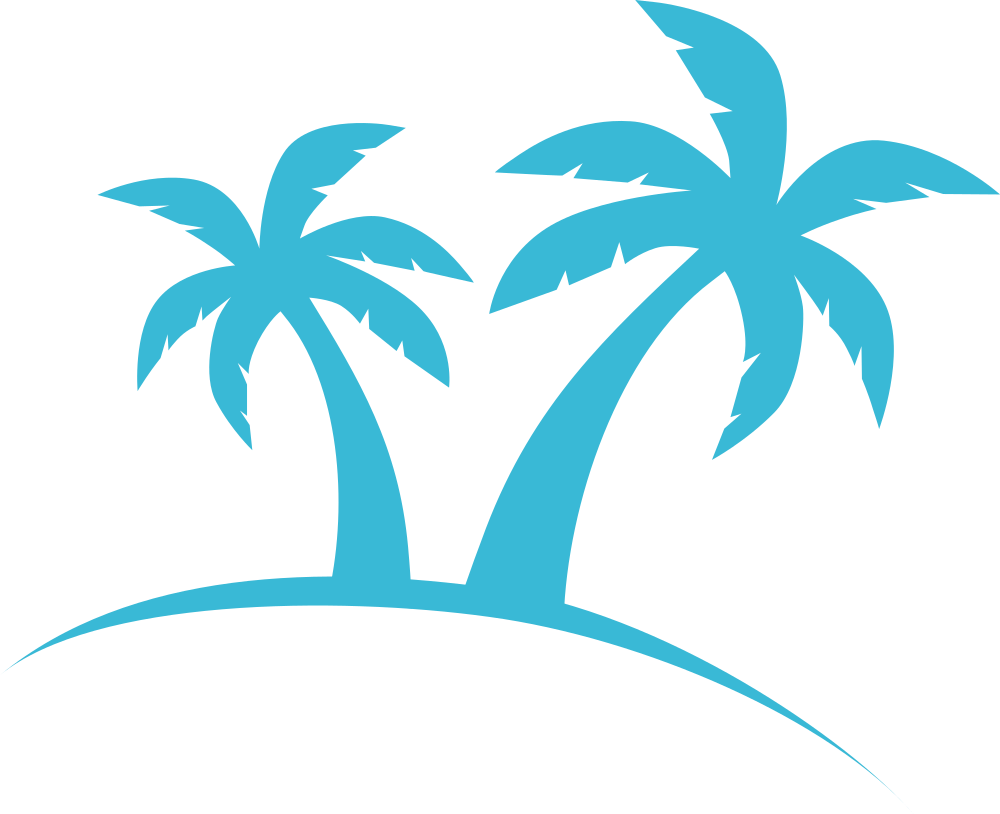 Two blue palm trees on a curved island silhouette
