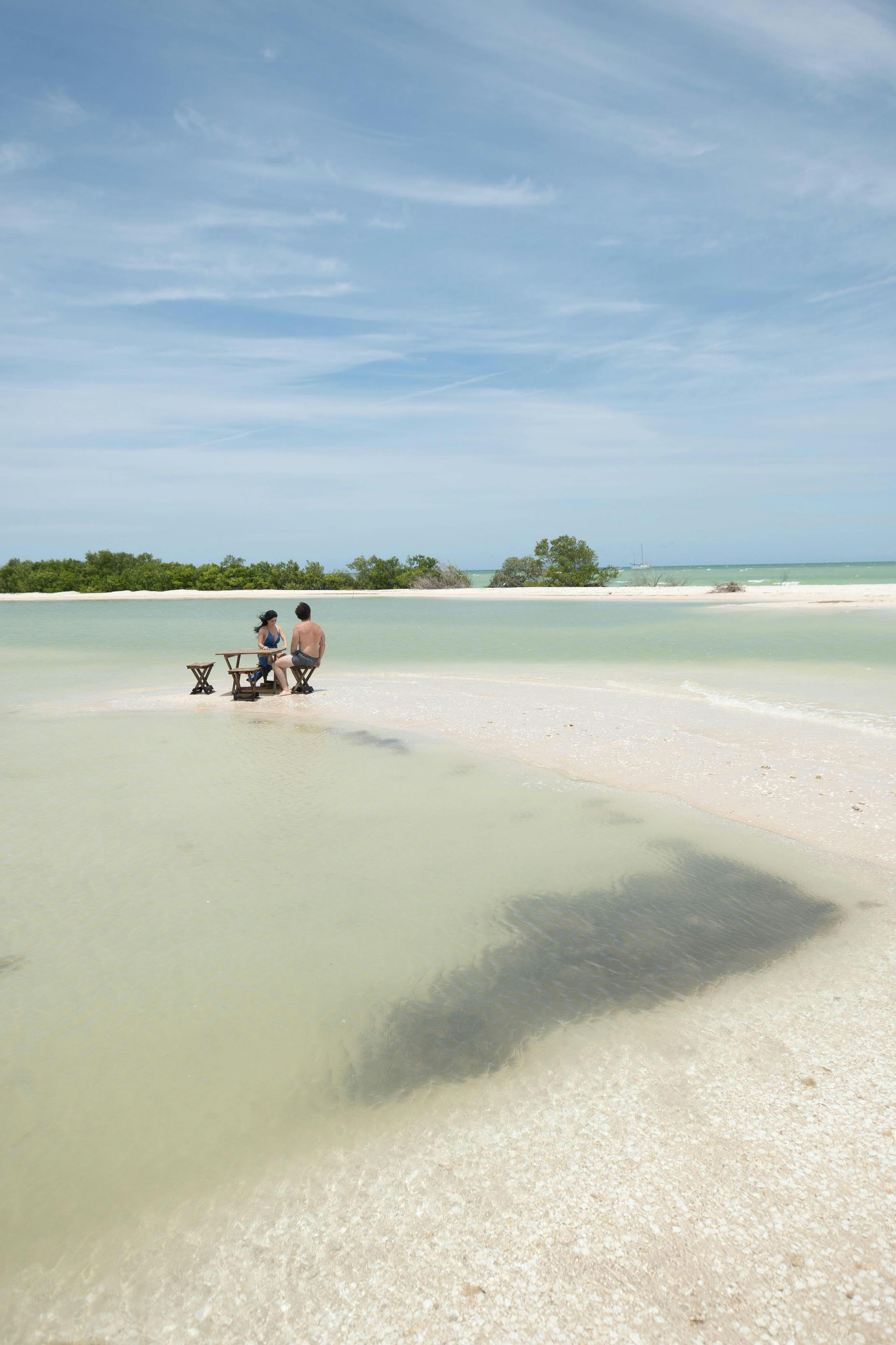 People sitting on a shallow tropical beach with clear water and blue sky