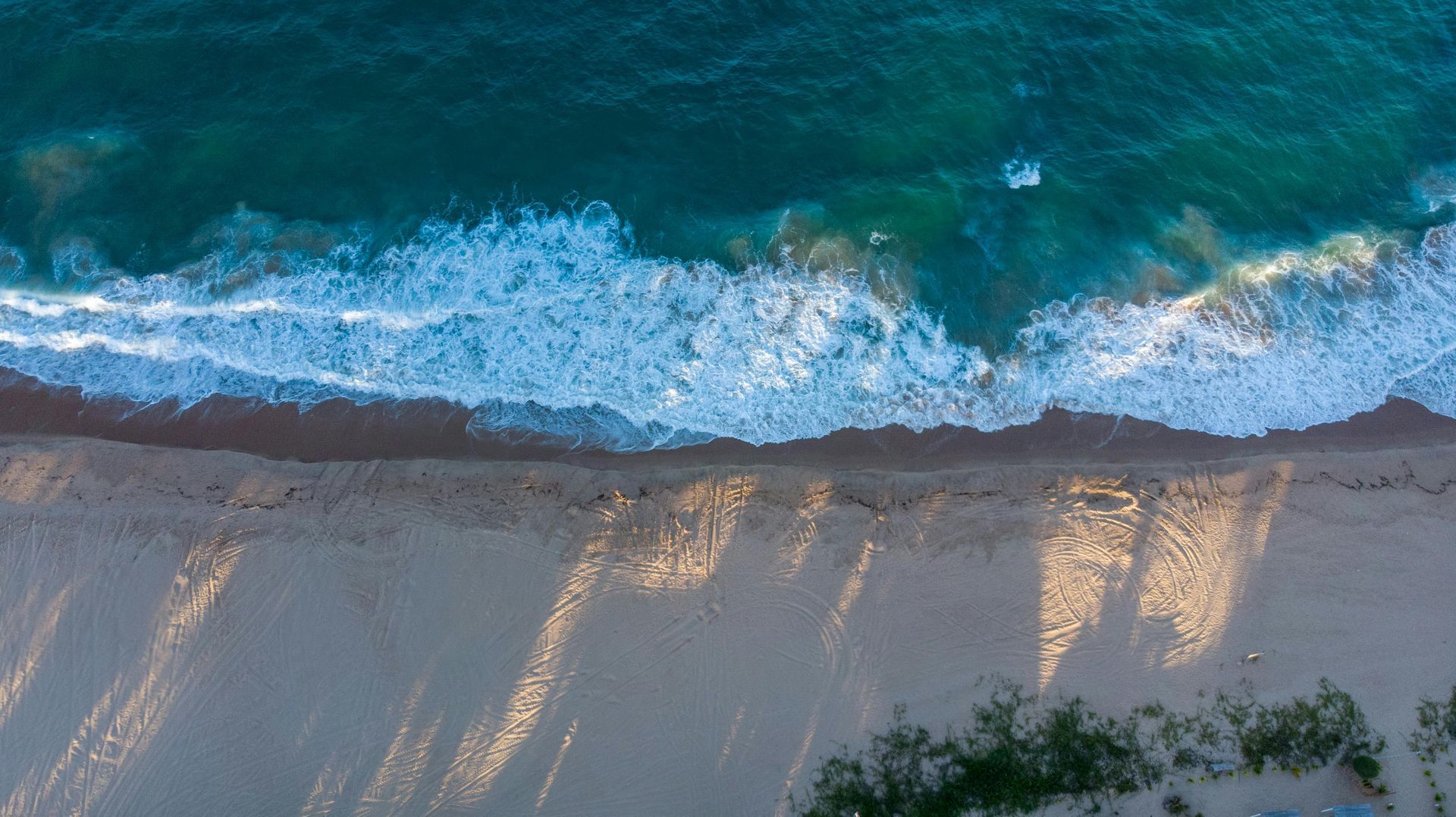 Tofo beach Aerial view of turquoise waves washing onto a sandy beach with palm shadows