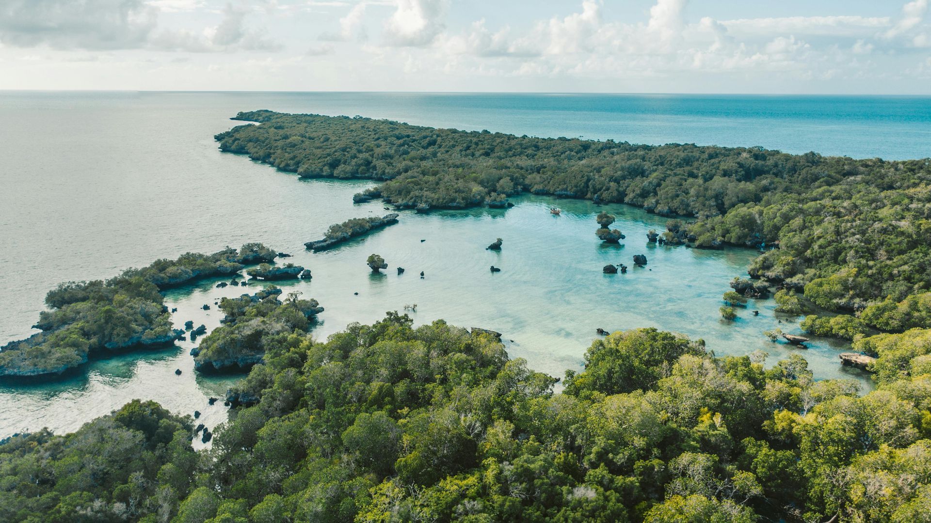 Aerial view of a tropical lagoon with turquoise water, dense green shoreline, and distant ocean horizon