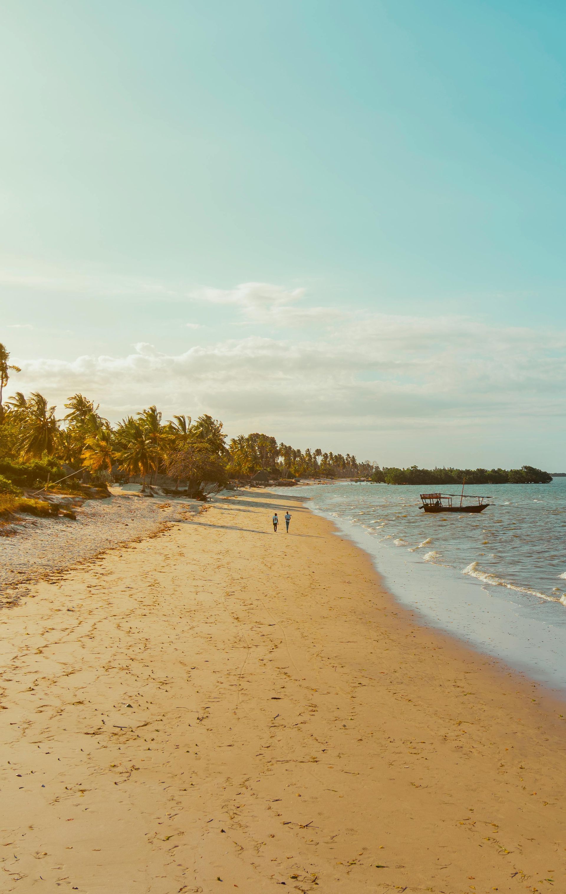 Sandy tropical beach with palm trees, gentle waves, and a small boat offshore at sunset.