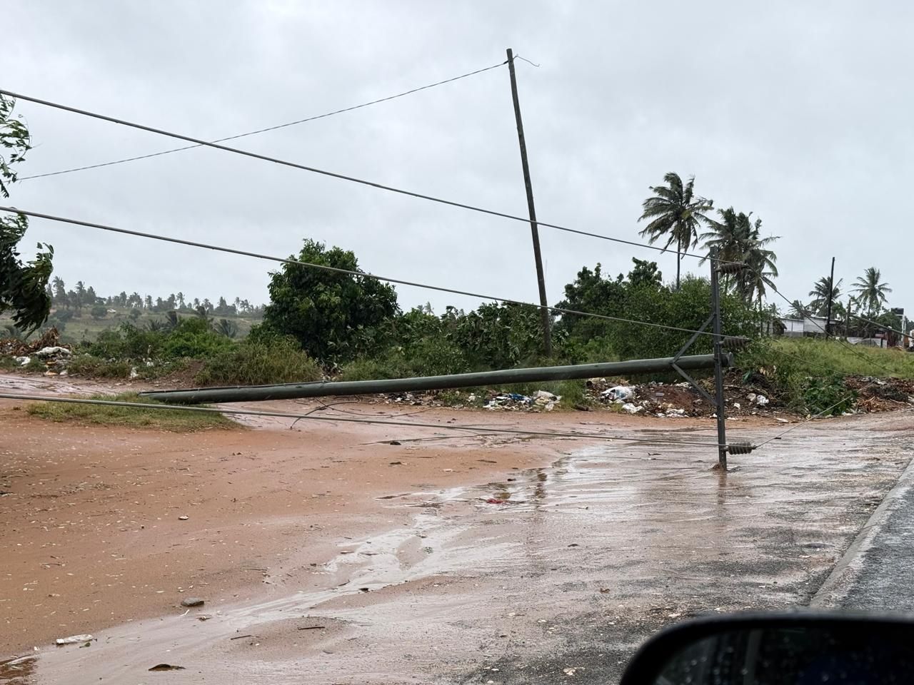 Flooded muddy road with downed power lines and palm trees after heavy rain.