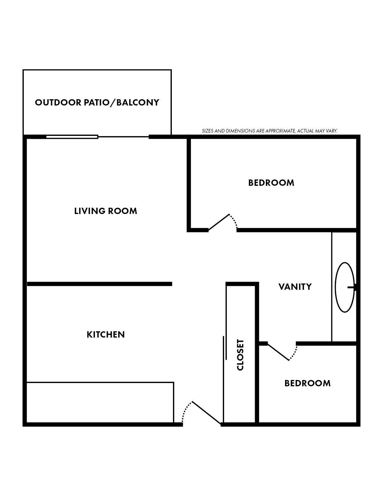 A black and white floor plan of a small apartment with a balcony.