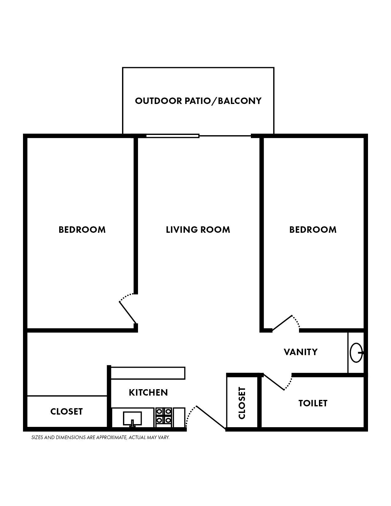 A black and white floor plan of a two bedroom apartment with a balcony.