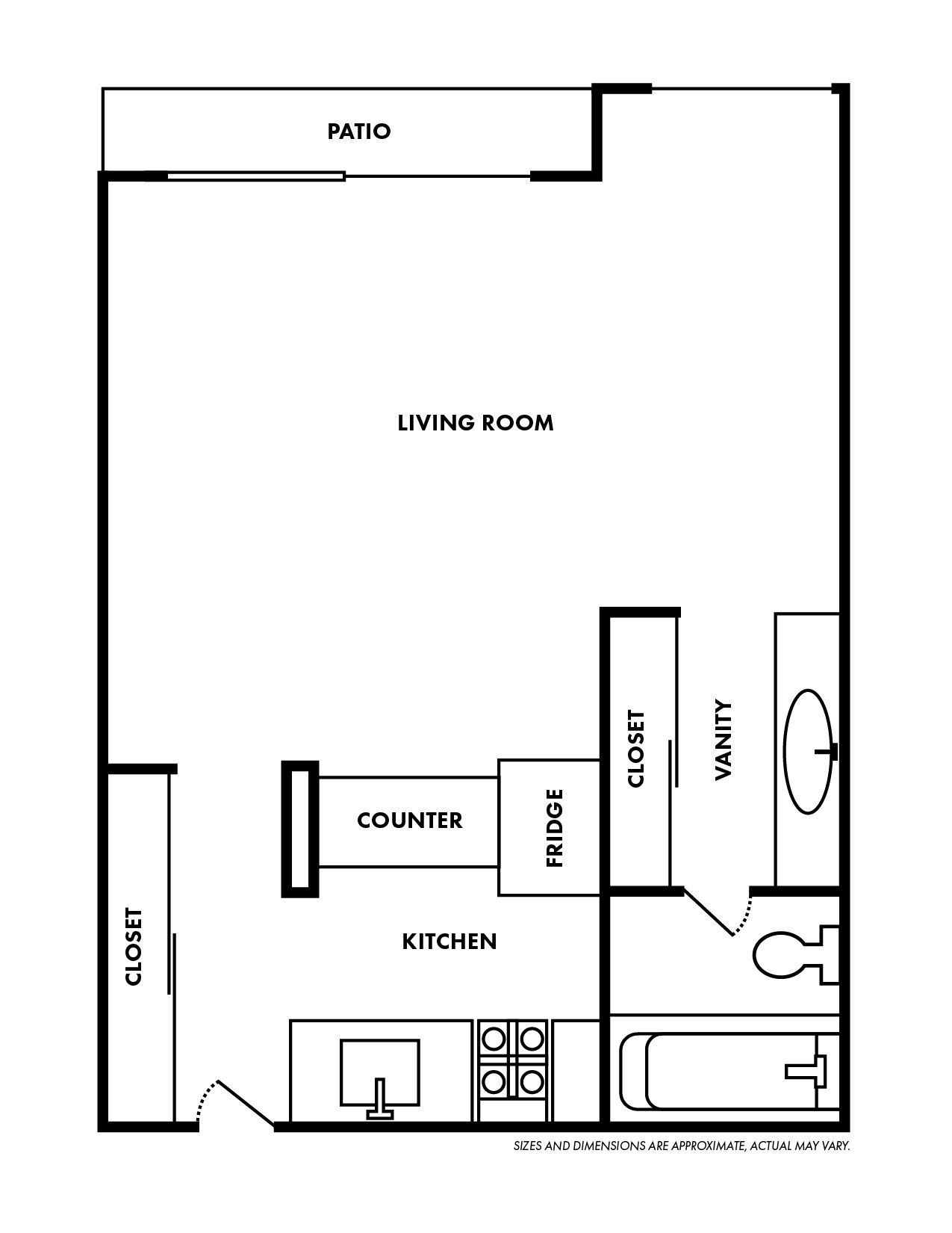 A black and white floor plan of a small apartment.