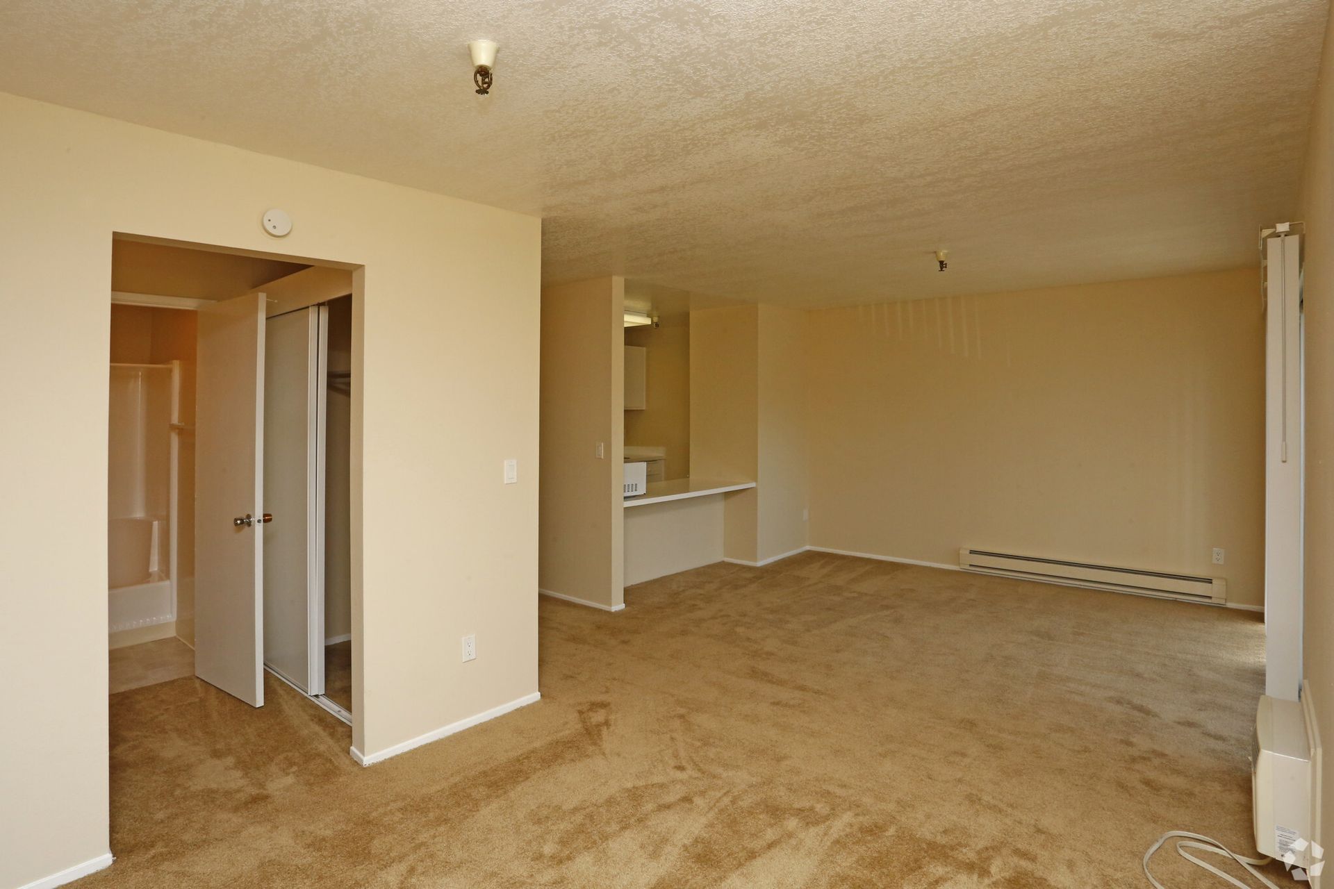 An empty living room with a brown carpet and white walls