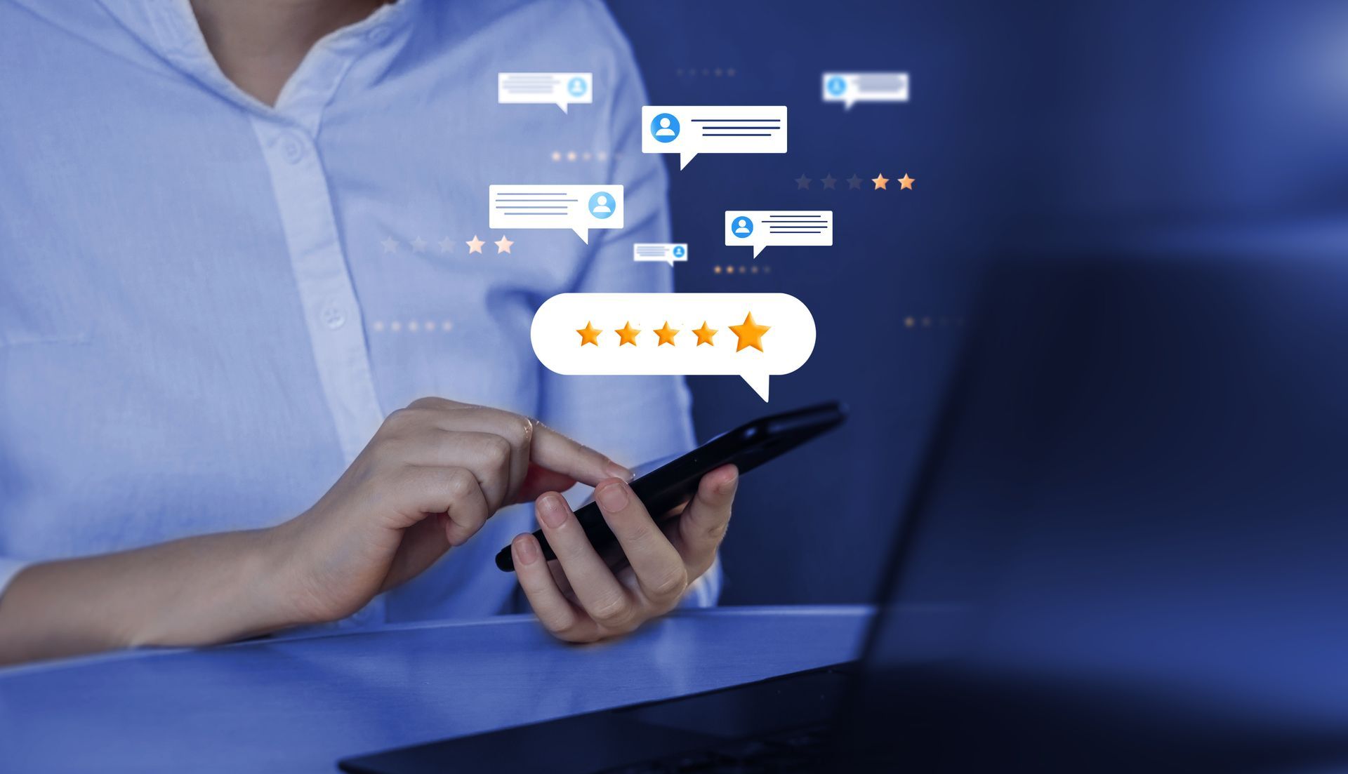 A person in a blue shirt uses a smartphone, surrounded by floating speech bubbles and a five-star customer rating icon.