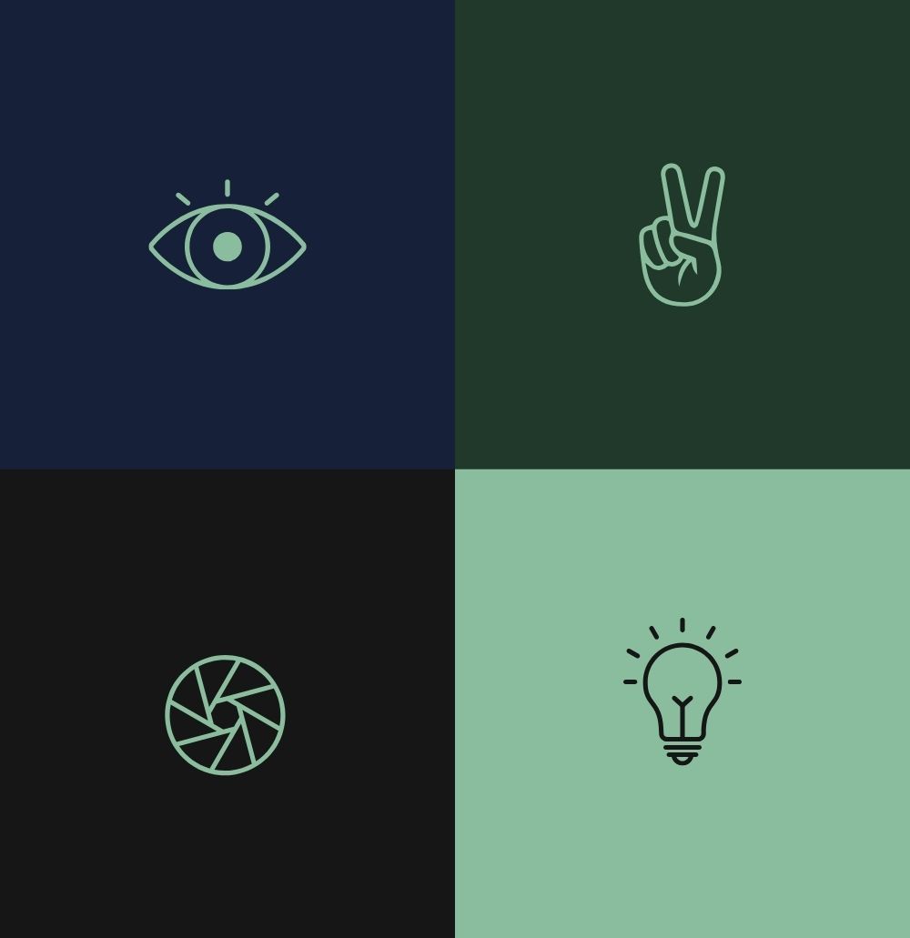 Ikoner av øye, hånd, filmlinse og lyspære