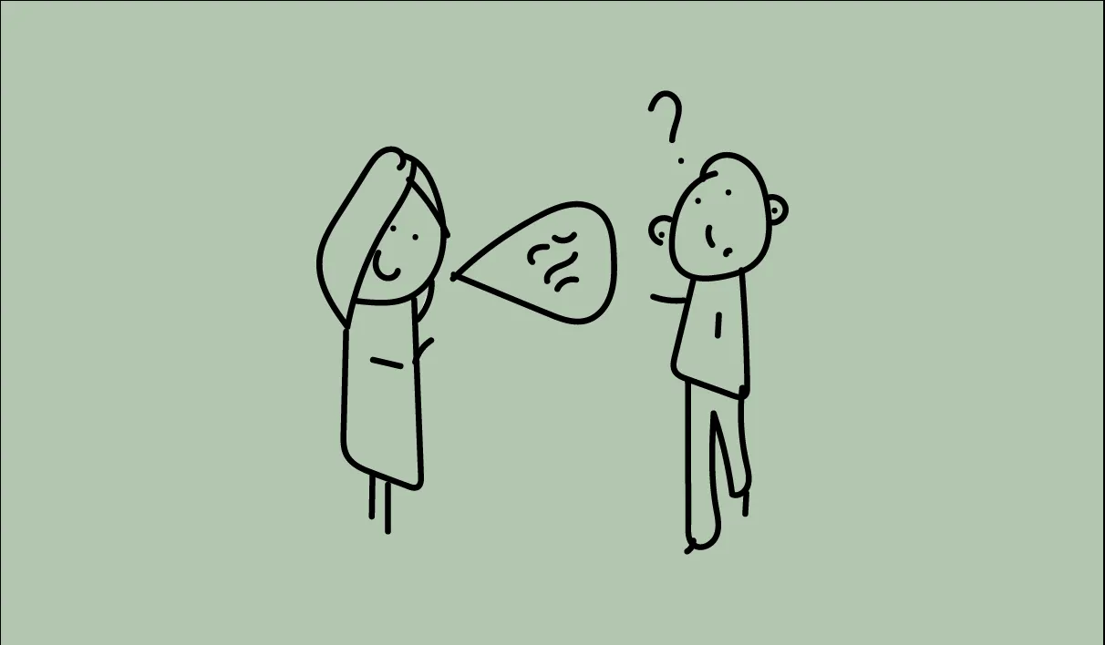 Kvinne snakker, mann som ser forvirret ut med et spørsmålstegn over hodet.