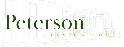 A logo for Peterson Custom Homes with a drawing of a house in the background.