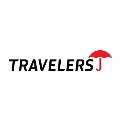 Travelers logo in black with a red umbrella over the “J”