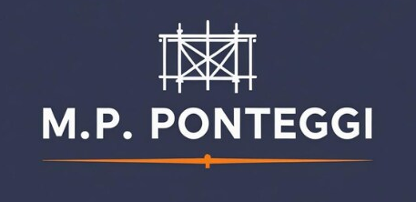 Logo di MP Ponteggi, raffigurante un'impalcatura bianca sopra il nome dell'azienda in bianco su sfondo blu navy.