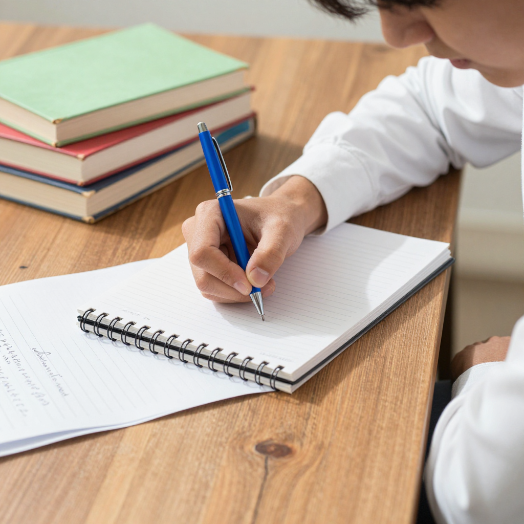 Kwekwe student writing in a notebook at a desk with books, preparing study abroad applications with Prestige Scholar guidance