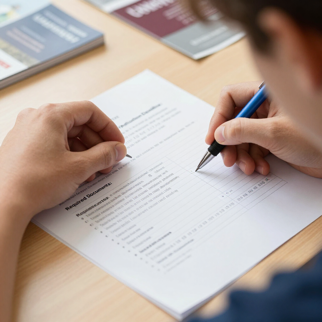 Victoria Falls student filling out study abroad application form at a desk with brochures, guided by Prestige Scholar.