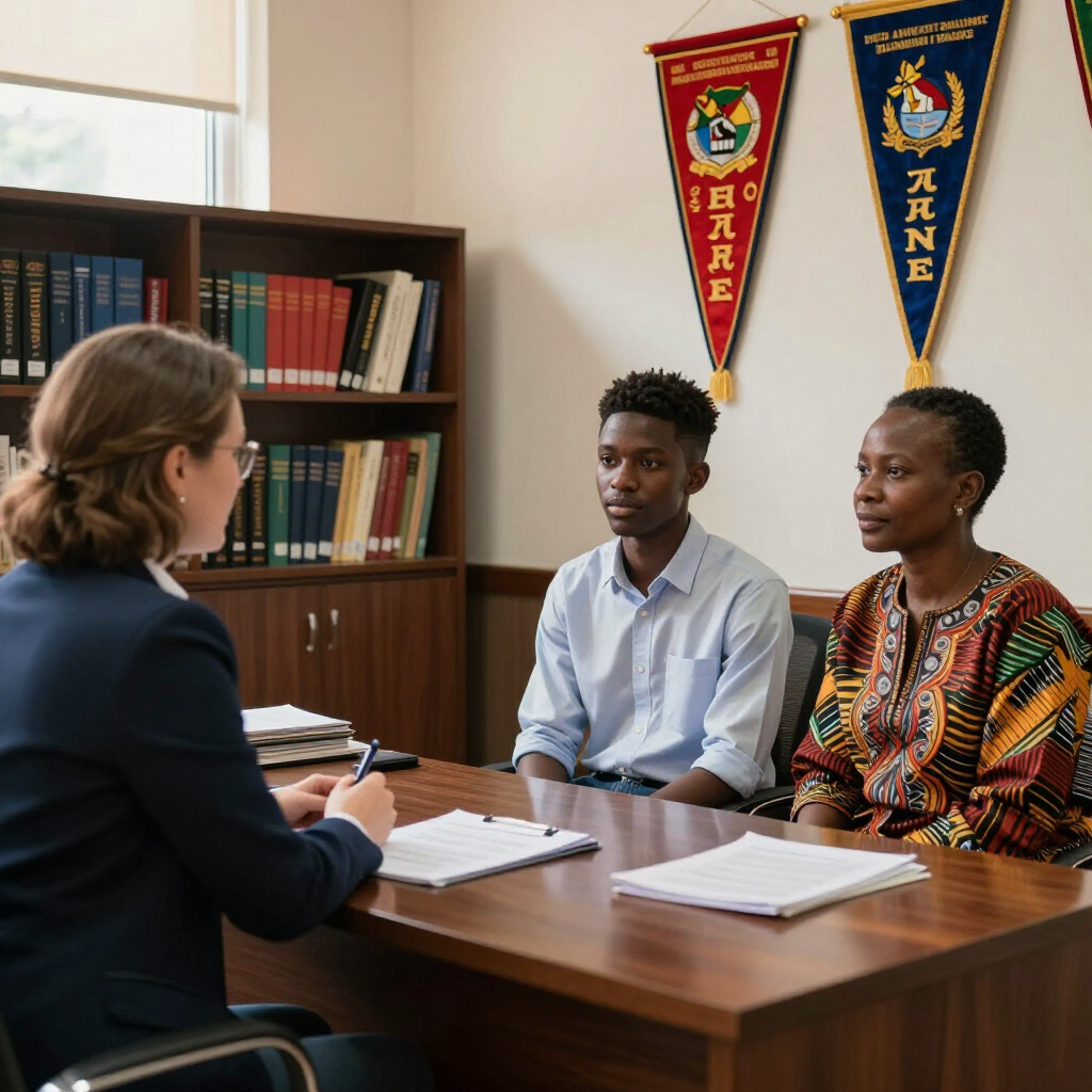 An advisor sits at a desk across from two individuals in an office with bookshelves and banners on the wall.