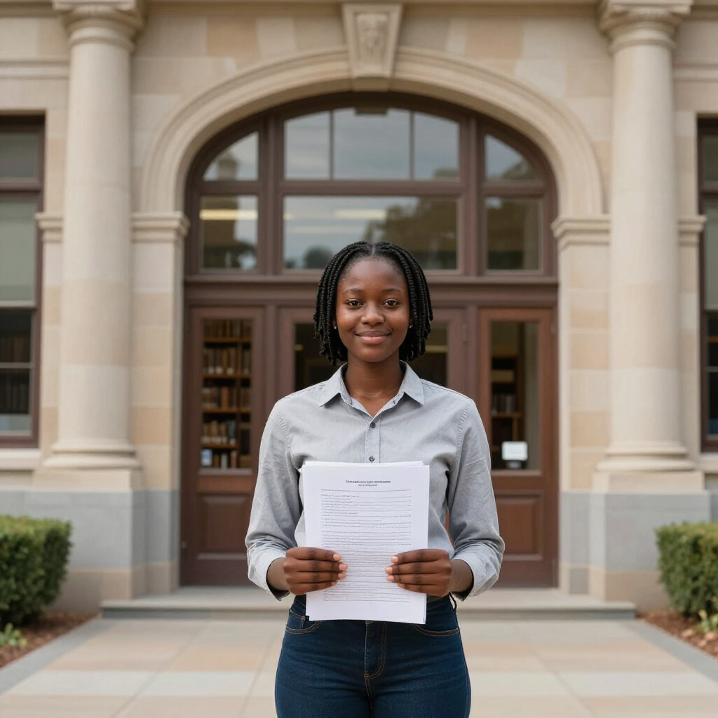 Student in Mutare smiling and holding a document outdoors, preparing for study abroad with Prestige Scholar guidance