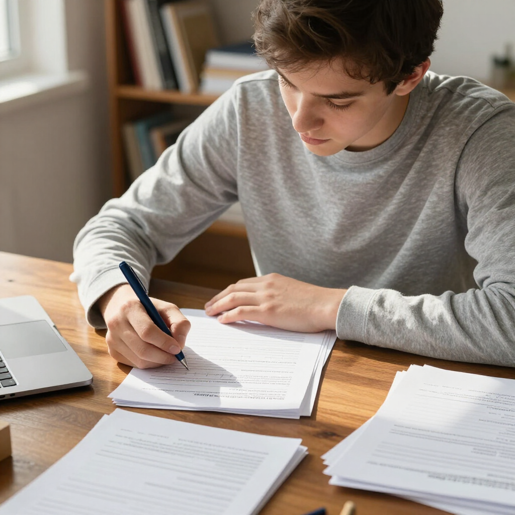A person in a gray long-sleeved shirt sits at a wooden desk, focused on writing on a document with a dark blue pen.