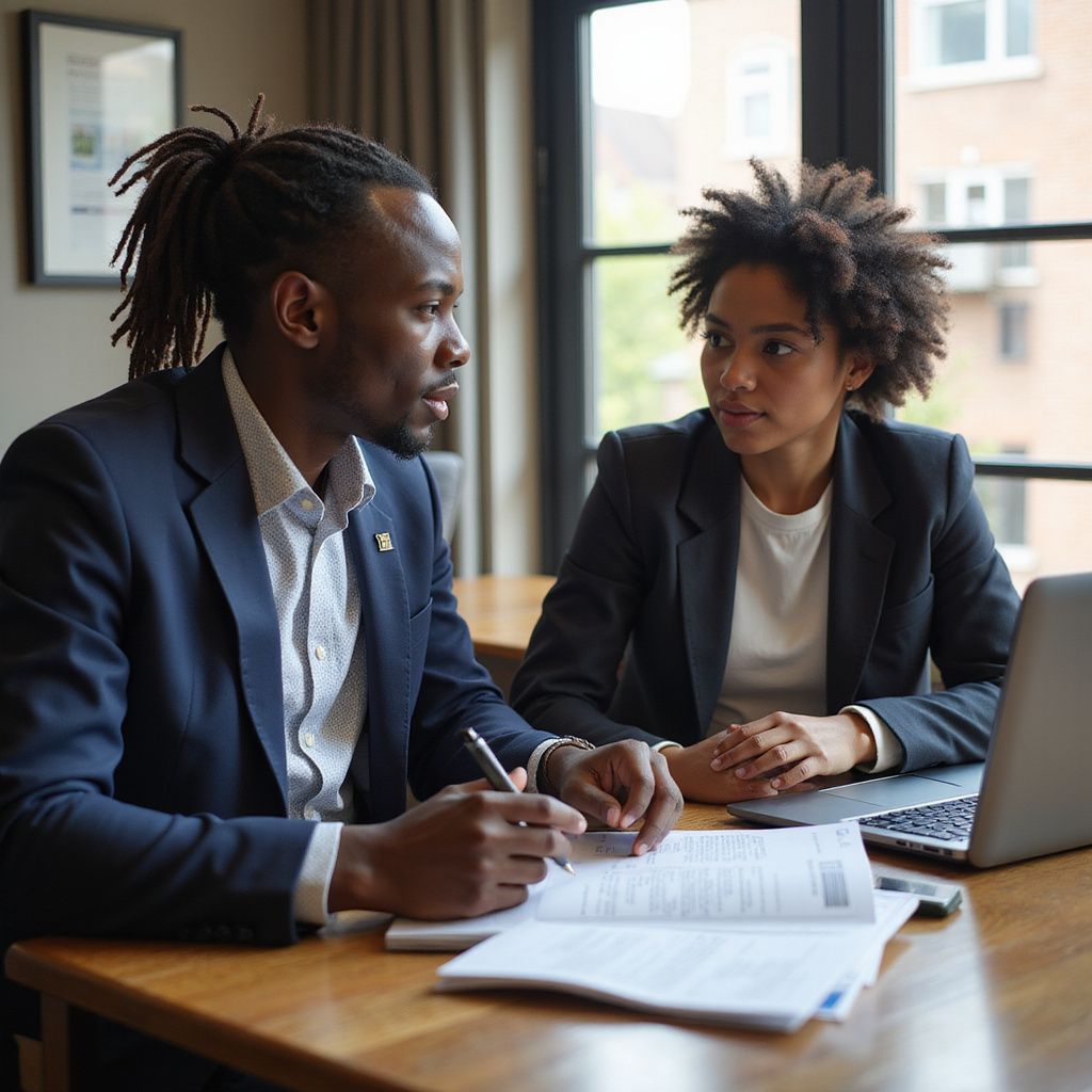 Prestige Scholar man and woman in suits reviewing documents and using a laptop at a table