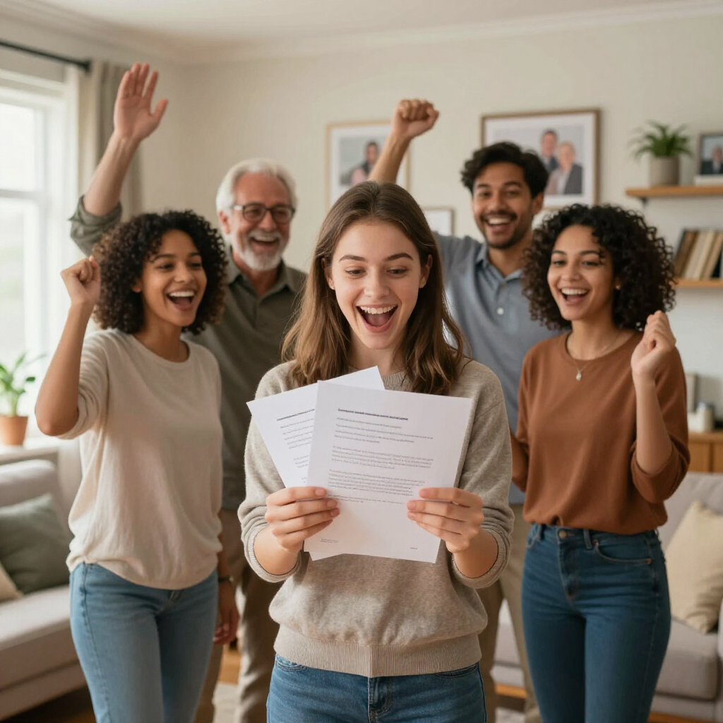 Group of Victoria Falls students cheering indoors, celebrating academic and study abroad success with Prestige Scholar.