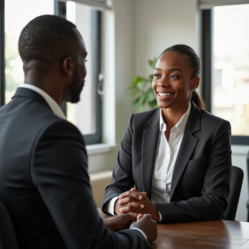 Prestige Scholar two professionals in business suits at a table, woman smiling, man turned away, conversing