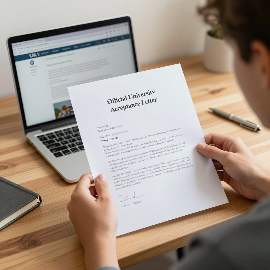 Gweru student holding a university acceptance letter at a desk, preparing for study abroad with Prestige Scholar guidance